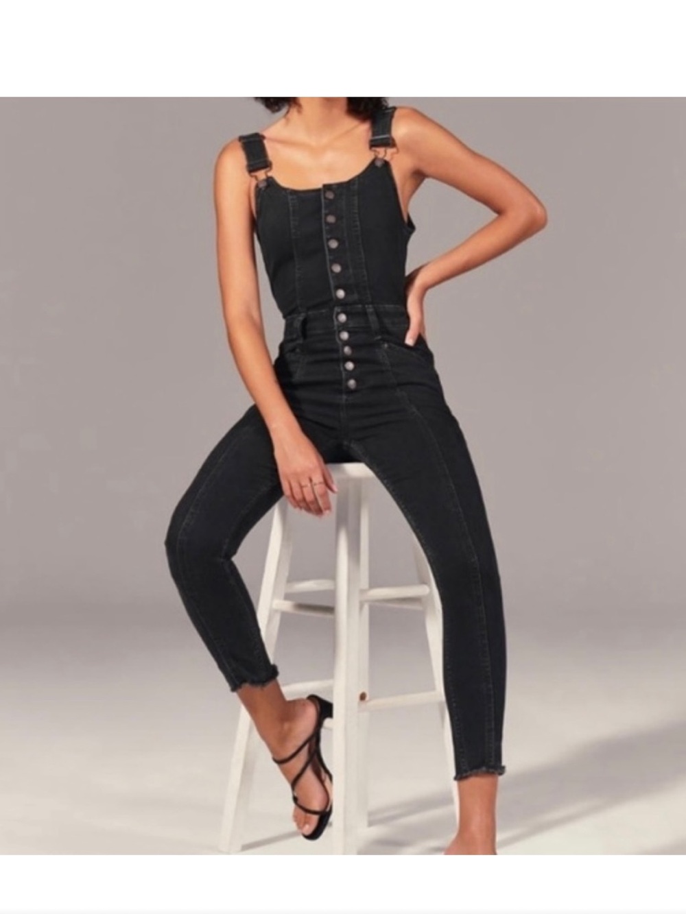 Abercrombie & Fitch Black Button-Front Fitted Black Denim Overalls